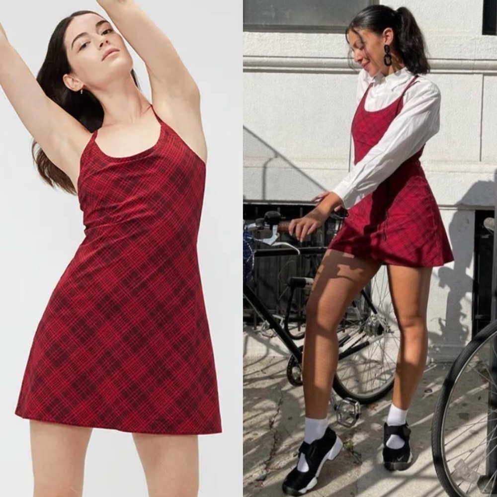 Outdoor Voices The Exercise Dress In Pomegranate Plaid Red XS